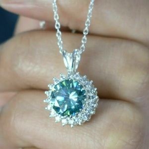 2.12ct Treated Blue Halo Diamond 14K White Gold Micron Plated 925 Necklace